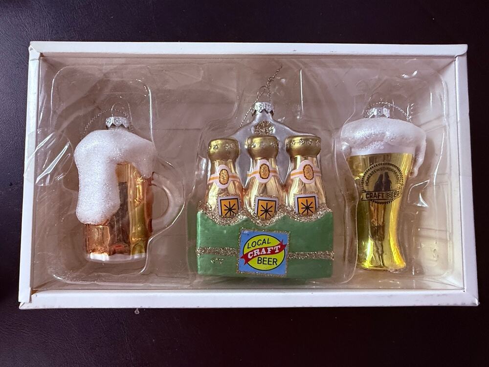Glass Craft Beer Christmas Ornament Set Beer Mugs & Six Pack Boxed